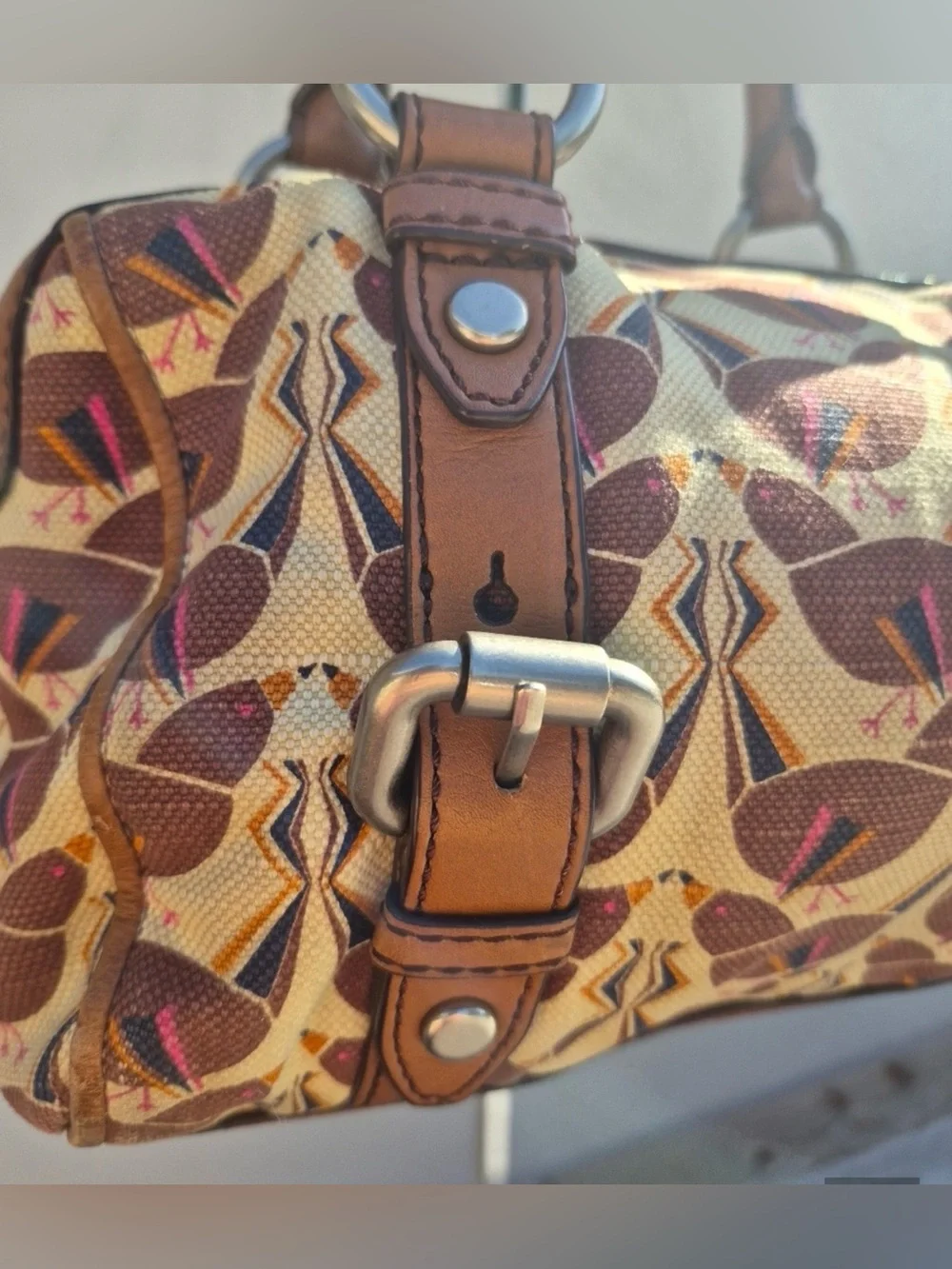 Fossil Maddox Satchel distinctive bird print pattern and brown leather trim